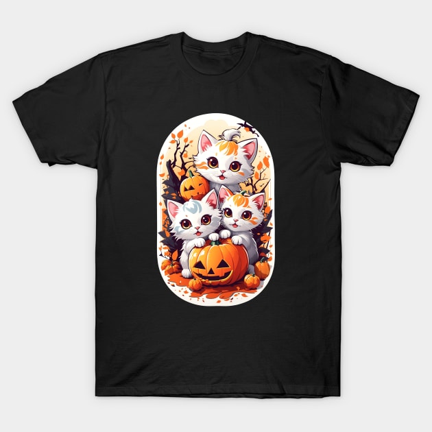 Halloween Kawaii Kittens Playing with small pumpkins T-Shirt by admeral